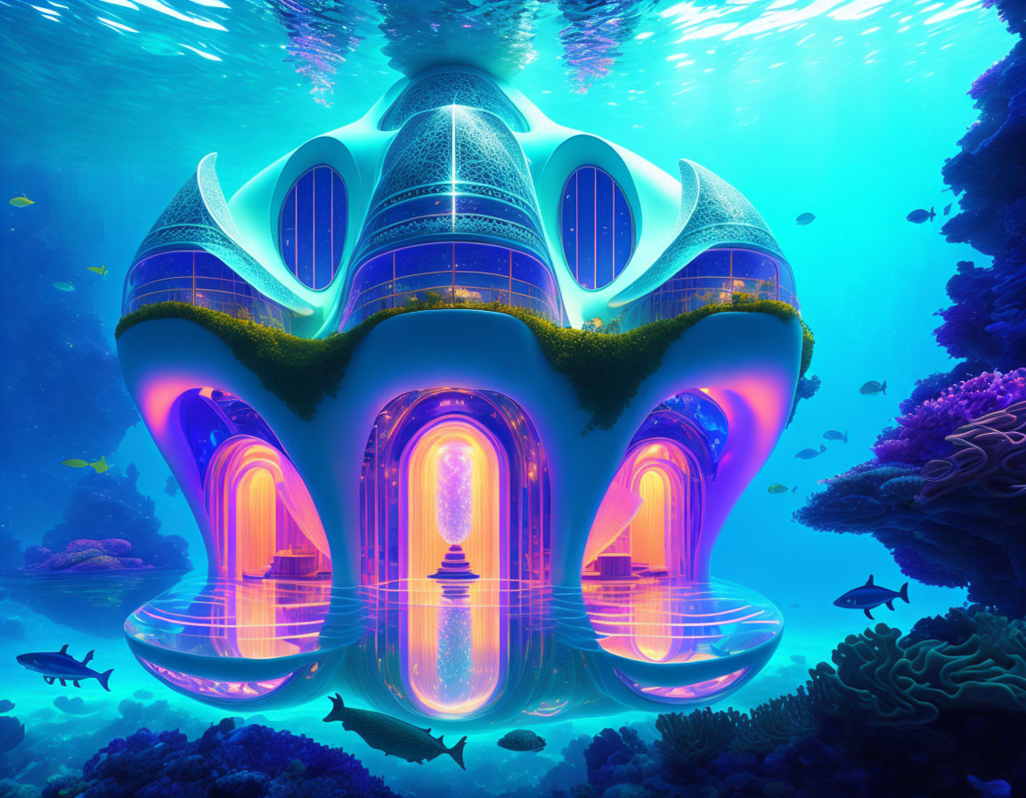 Futuristic glowing underwater structure surrounded by coral and marine life