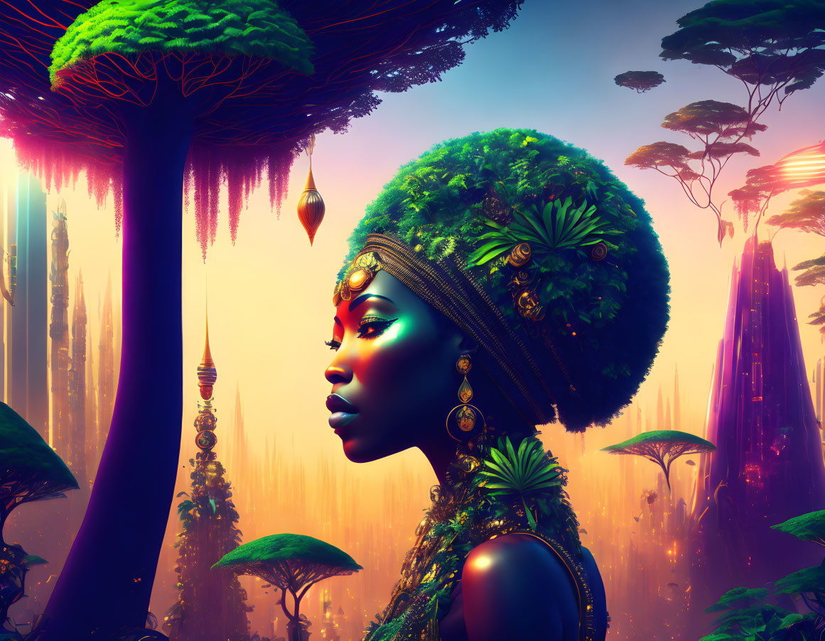 Digital Artwork: Woman with Ornate Green Headgear in Fantastical Luminescent Forest