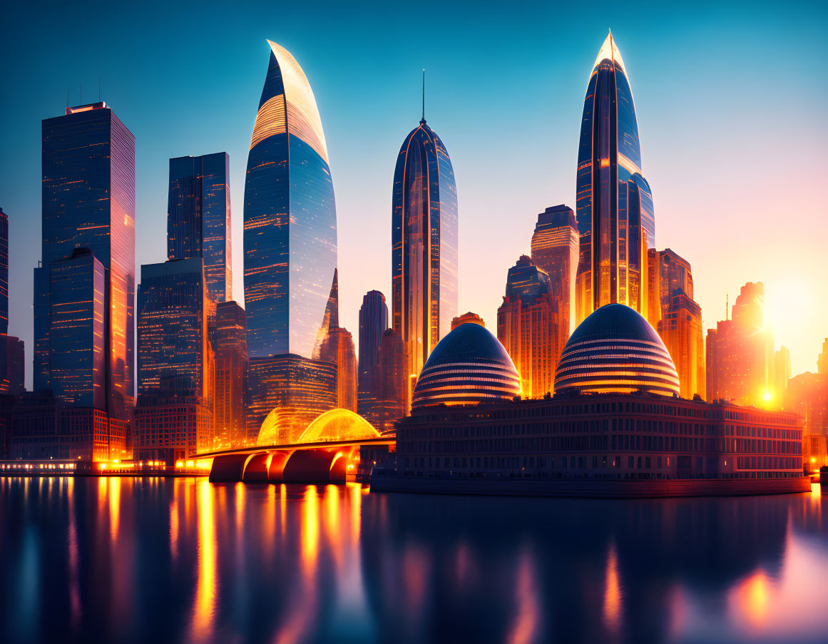 Futuristic skyline at sunset with reflections in calm water