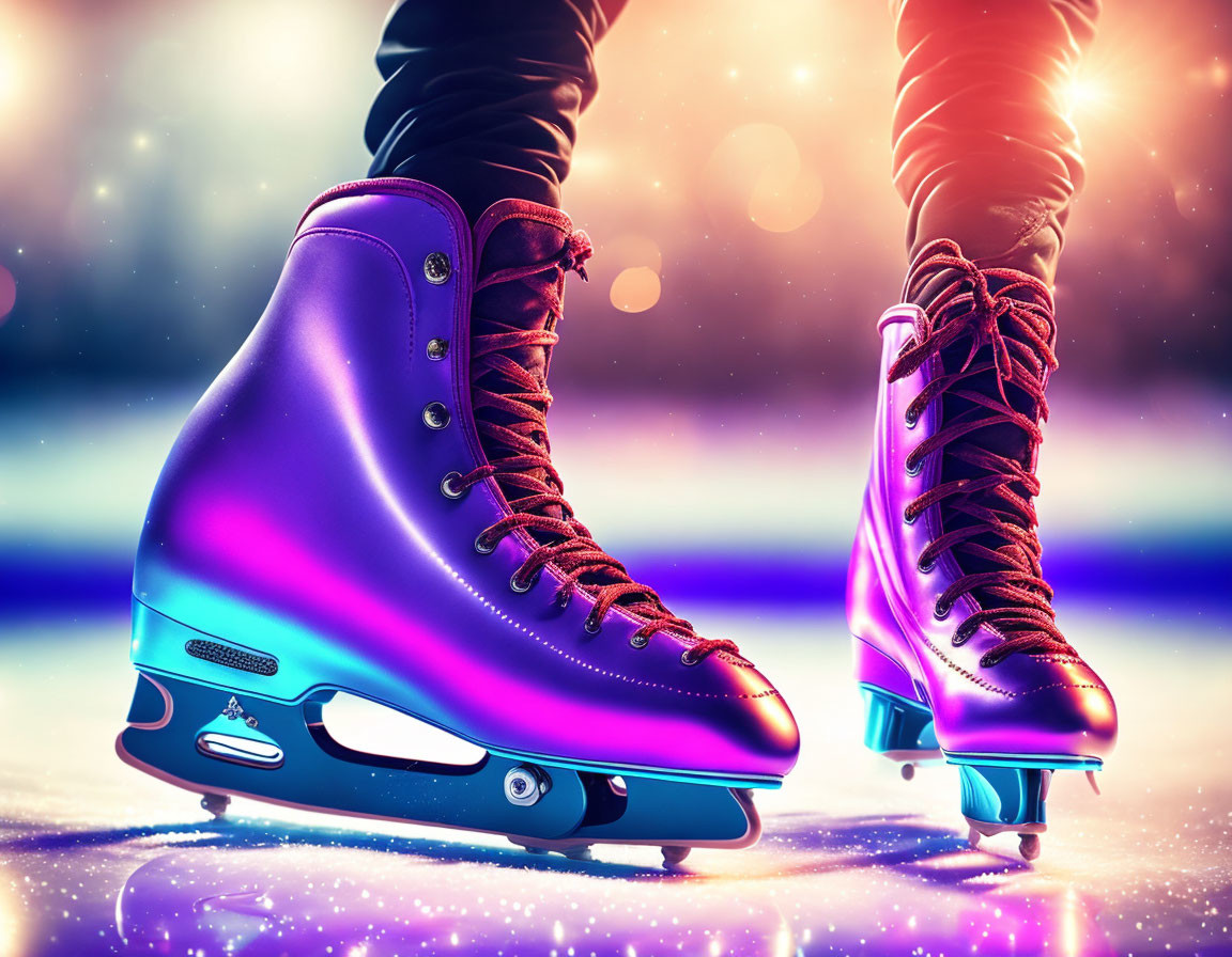 Person ice skates on rink with purple skates and vibrant lights