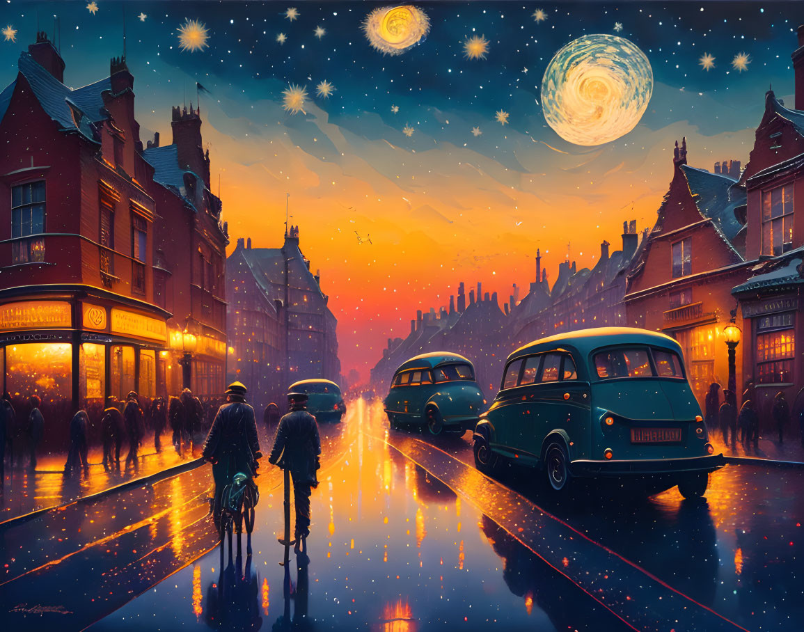 Retro-futuristic cityscape at dusk with vintage cars and whimsical celestial bodies