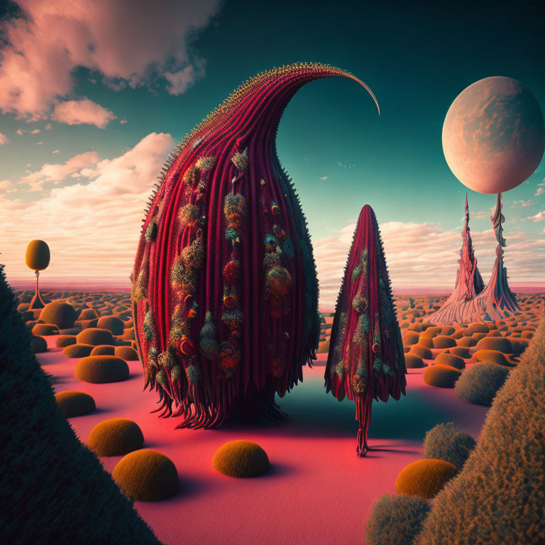 Surreal landscape with otherworldly plants and large moon