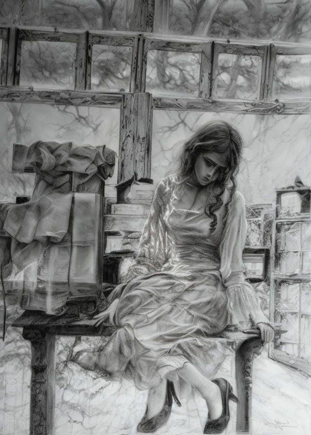Pensive woman in flowing dress by window, books on bench