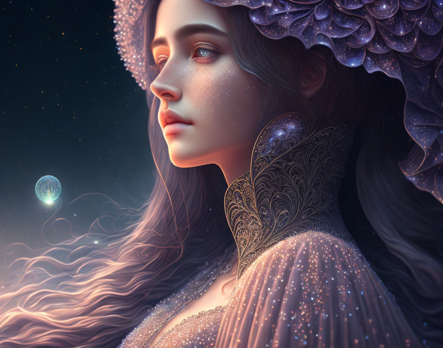 Digital artwork: Woman with ethereal features, starry skin, flowing hair, ornate headpiece