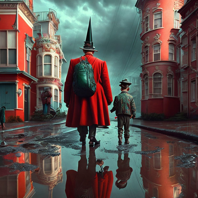 Person in red coat and witch hat with child reflected in puddle on wet city street under dramatic sky