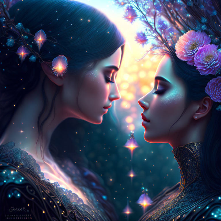 Ethereal women in ornate attire with floral adornments under starry sky