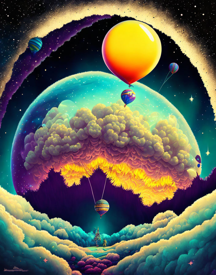 Colorful surreal artwork: Hot air balloons over golden clouds, cosmic background.