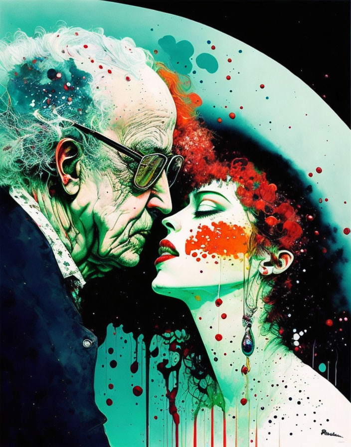 Colorful paint splatters merge on elderly man and young woman.