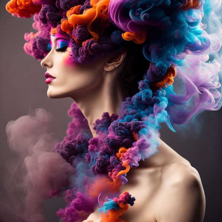 Colorful Smoke-Like Hair and Makeup in Purple, Orange, and Blue