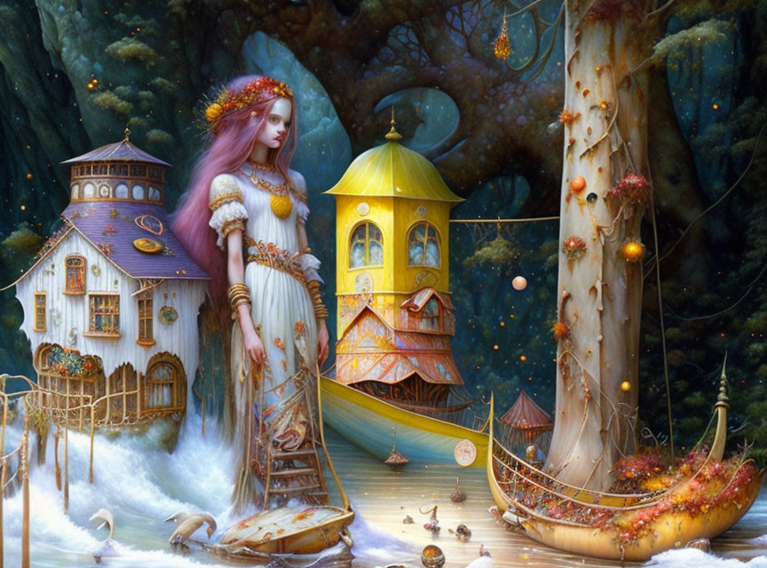 Fantasy illustration: Woman near whimsical treehouses in colorful forest