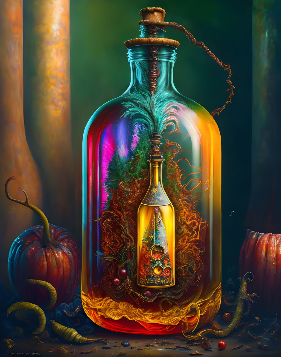 Colorful surreal painting with bottles, pumpkins, roots, and feathers in ethereal glow