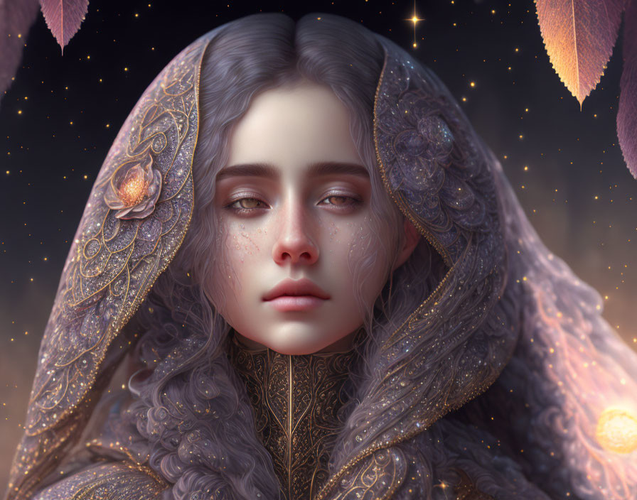 Digital art portrait of woman in embellished garment against starry backdrop