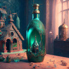 Enchanting green bottle with fairy-tale building and mystical glow