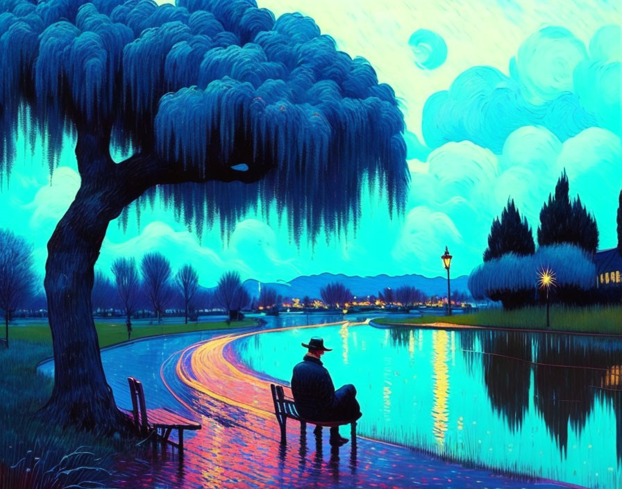 Colorful painting of person under tree by river at dusk