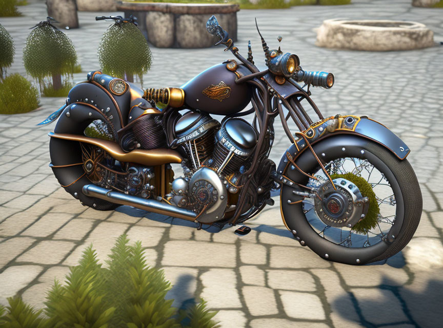 Intricately Detailed Steampunk-Style Motorcycle on Cobblestone Path