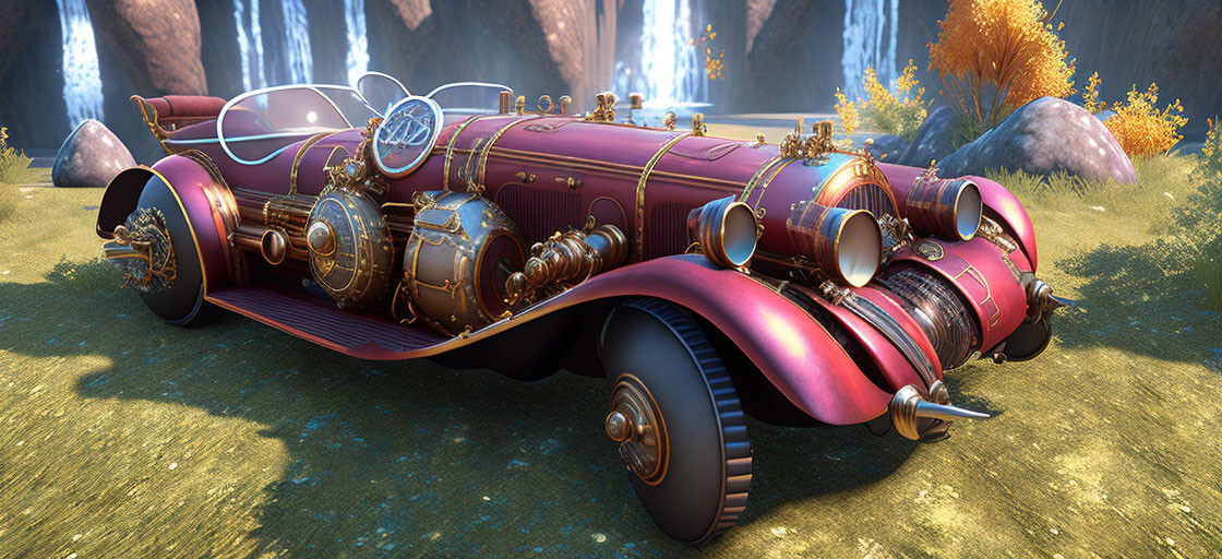 Steampunk-style vehicle in enchanted forest with vibrant trees