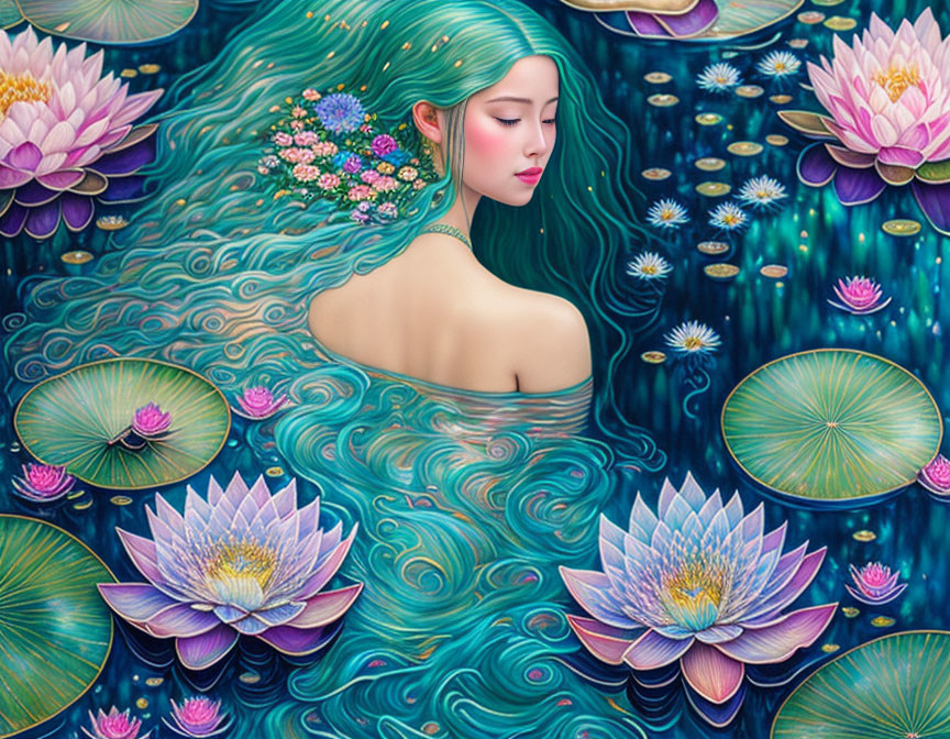 Illustration of woman with teal hair surrounded by pink lotus flowers in shimmering water