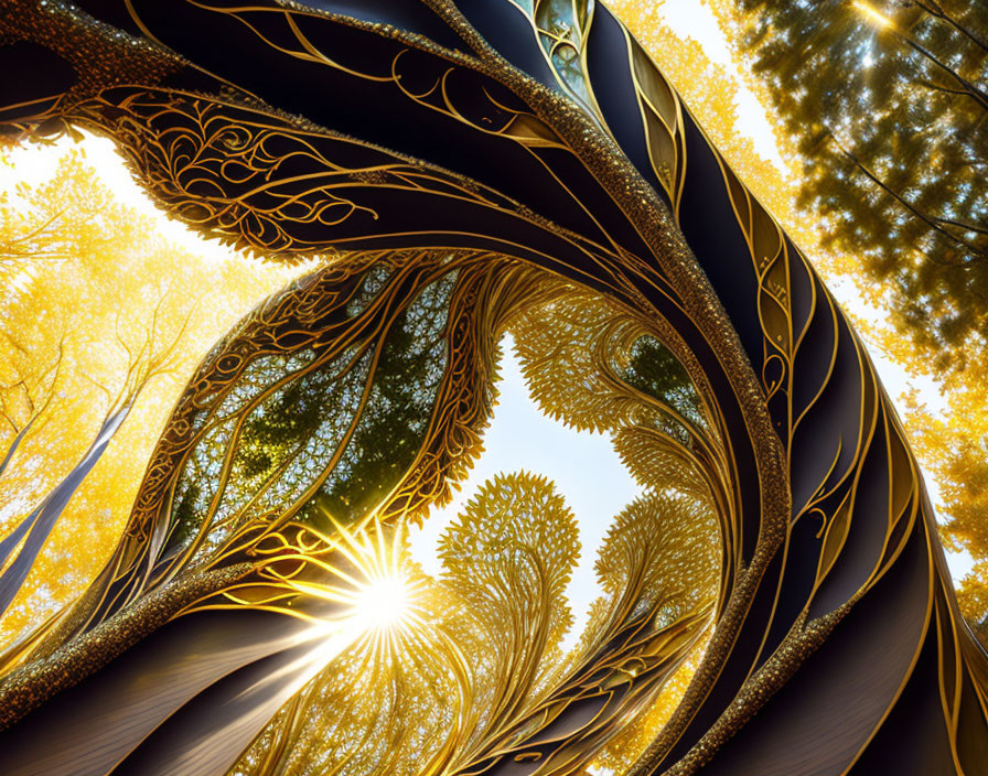 Fractal forest scene with swirling patterns and autumn sunbeam