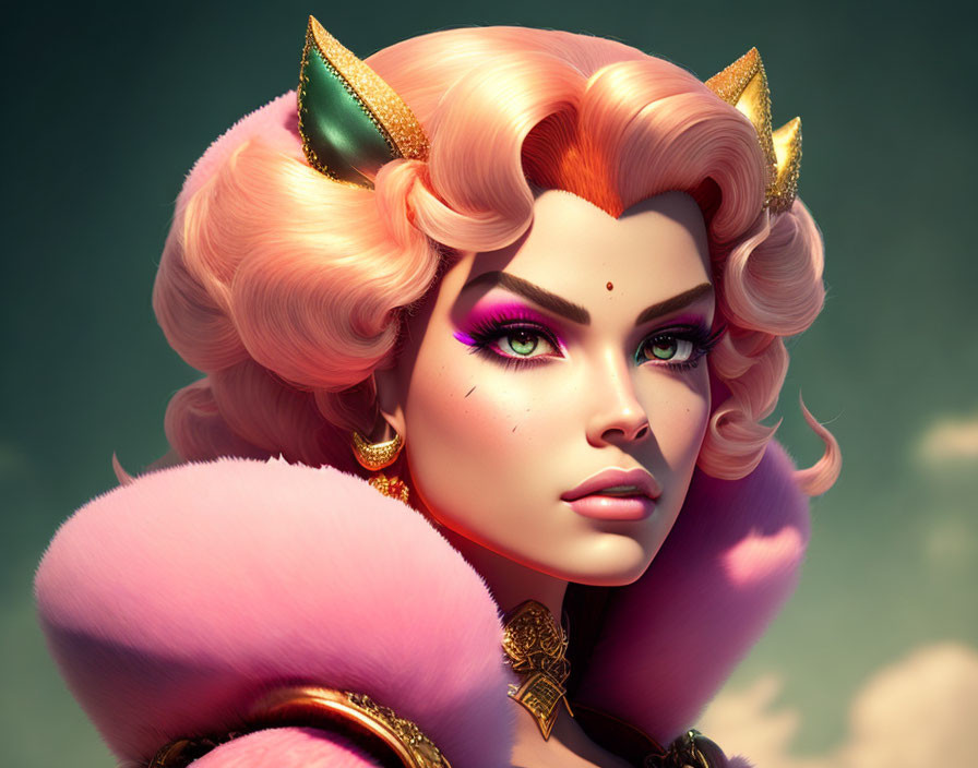 Stylized female character with pink hair and elf-like ears in golden accessories on green background
