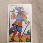 Colorful Man Tarot Card with Hat, Staff, and Castles on Grass