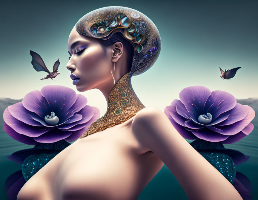 Surreal portrait of woman with ornate headpiece, purple flowers, and hovering birds