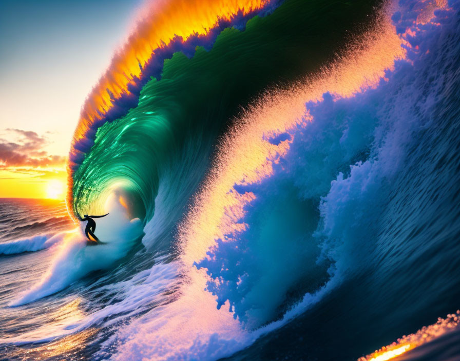Vibrant sunset wave with surfer in blue and green hues