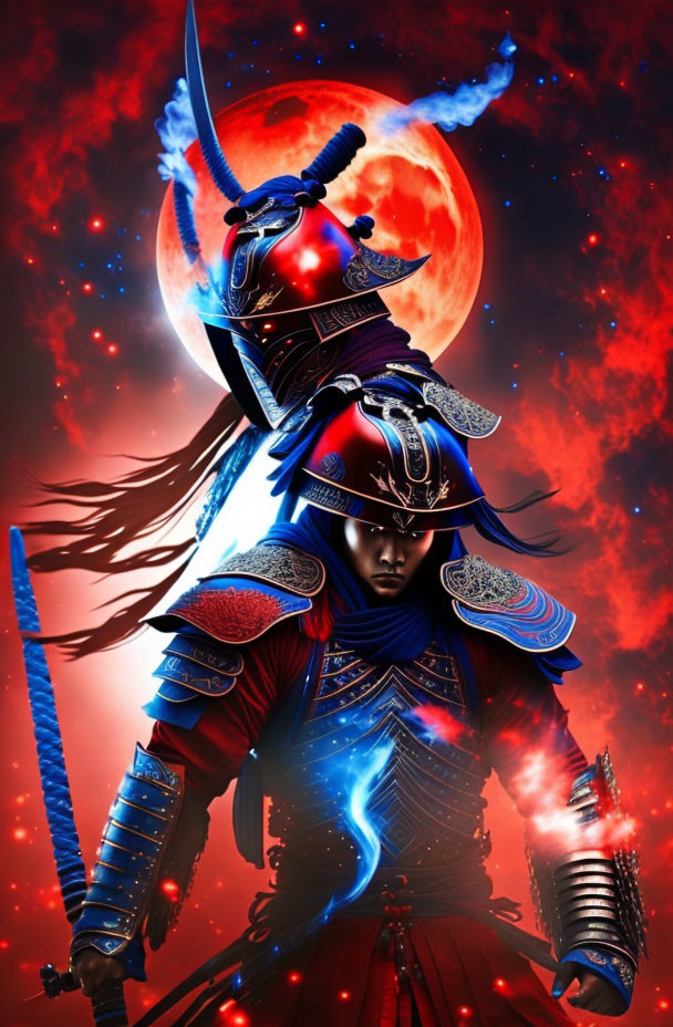 Elaborate Red and Blue Samurai Warrior Against Red Moon and Blue Energy