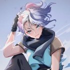 Fantasy illustration of person with white fox ears, violet eyes, silver hair, blue scarf, snowy