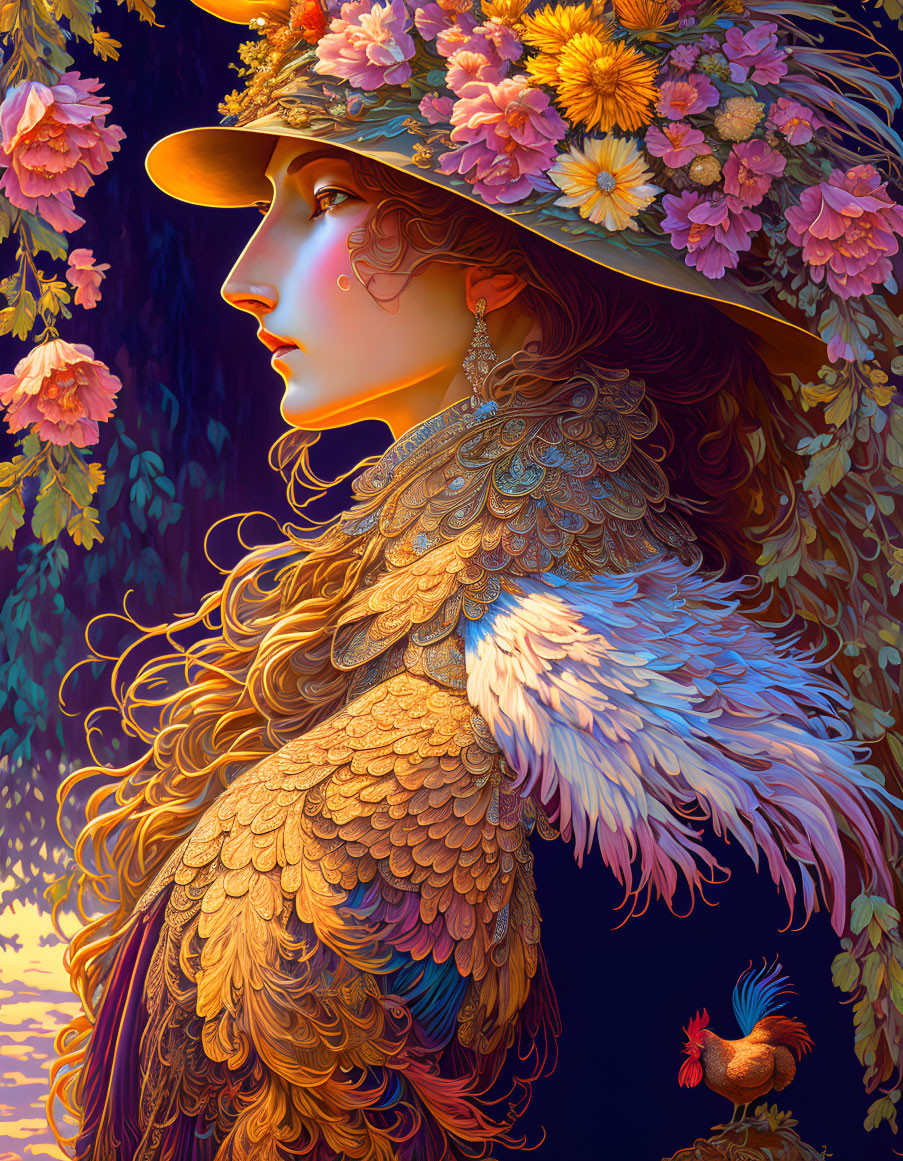 Colorful digital artwork: Woman in floral hat and feathered cloak with flowers and rooster.