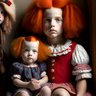 Stylized children with red hair in vintage clothing in dimly lit room