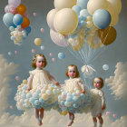 Whimsical artwork featuring girl with balloon dress in dreamy sky