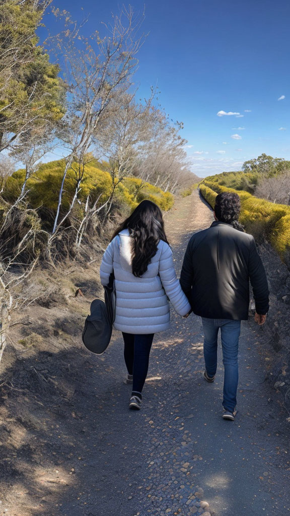 Couple walking hand in hand on path surrounded by shrubs under blue sky