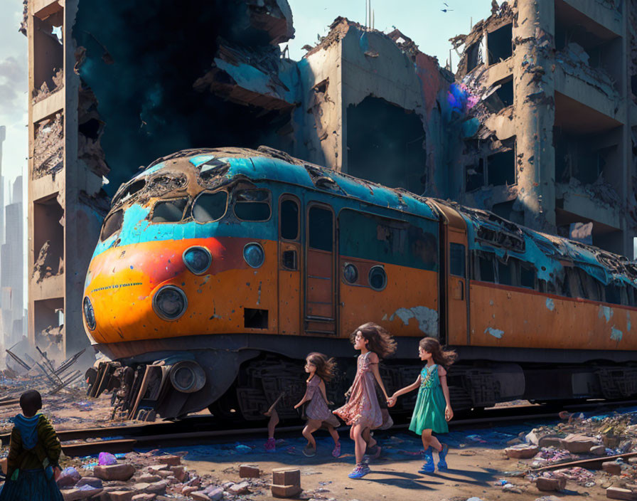 Children passing colorful train in damaged urban setting