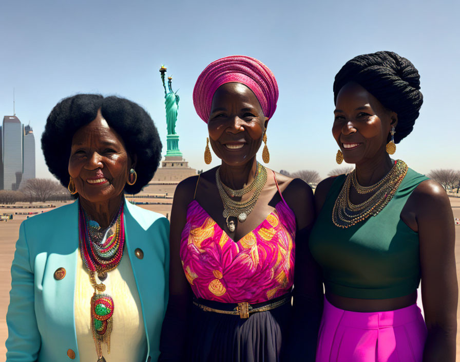 Three women in colorful attire with head wraps at Statue of Liberty.
