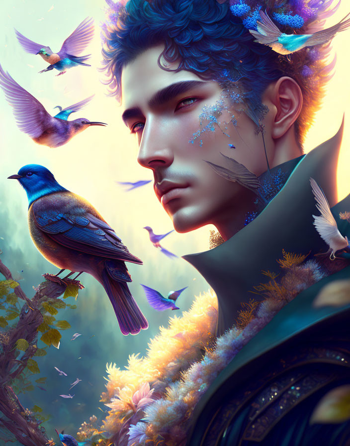 Man with Blue Flowers and Birds in Fantasy Digital Art Portrait