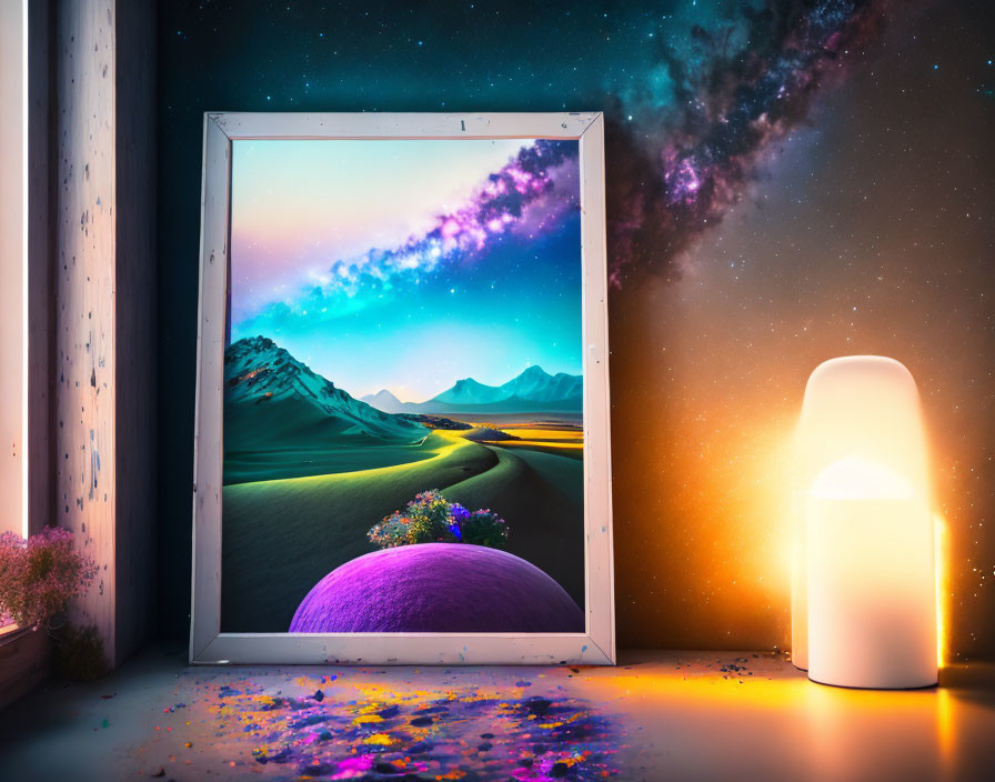 Colorful Cosmic Landscape Through Open Window with Glowing Lamp