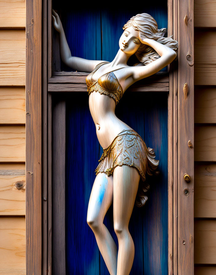 Wooden sculpture of graceful figure with flowing hair and ornate bikini on timber background