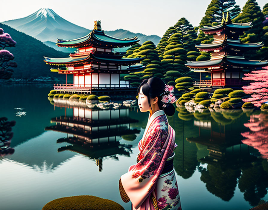 Traditional Kimono Woman by Serene Lake with Pagoda and Mount Fuji