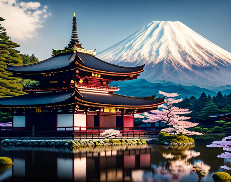 Traditional Japanese Pagoda with Red and Black Façade, Mount Fuji, Cherry Blossoms, and