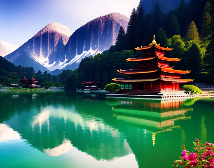 Traditional Pagoda Surrounded by Serene Lake and Snowy Mountains