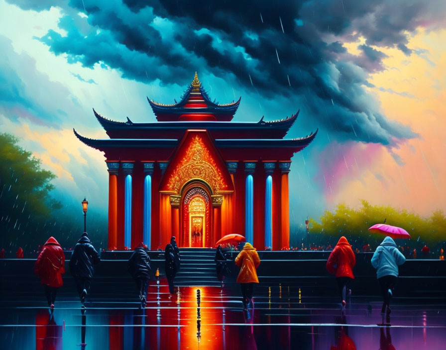 Colorful Umbrellas Approaching Red Asian Temple in Stormy Scene
