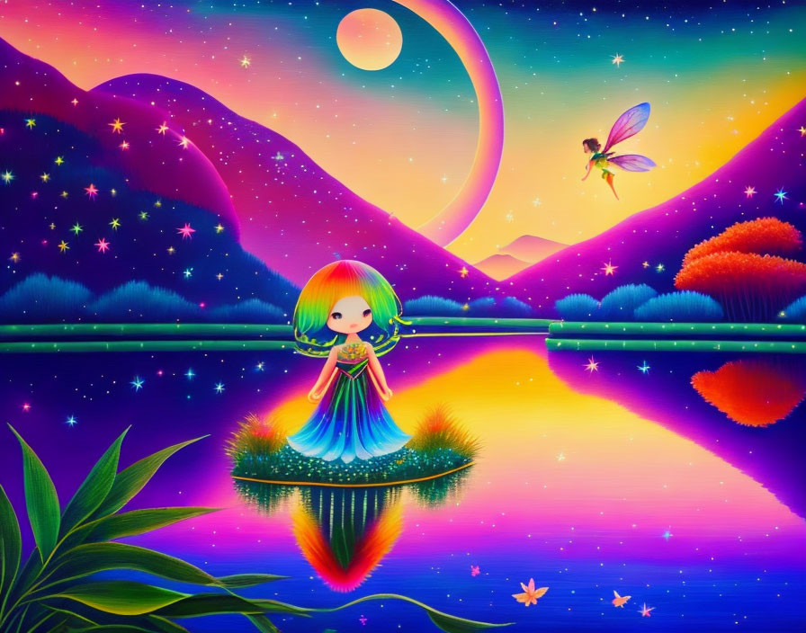 Colorful girl on leaf by reflective lake with plants, hills, crescent moon.