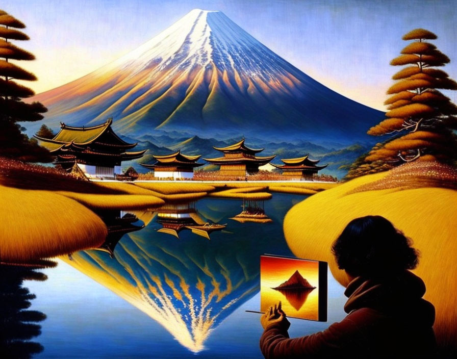 Surreal painting of Mount Fuji with temples and reflective waters