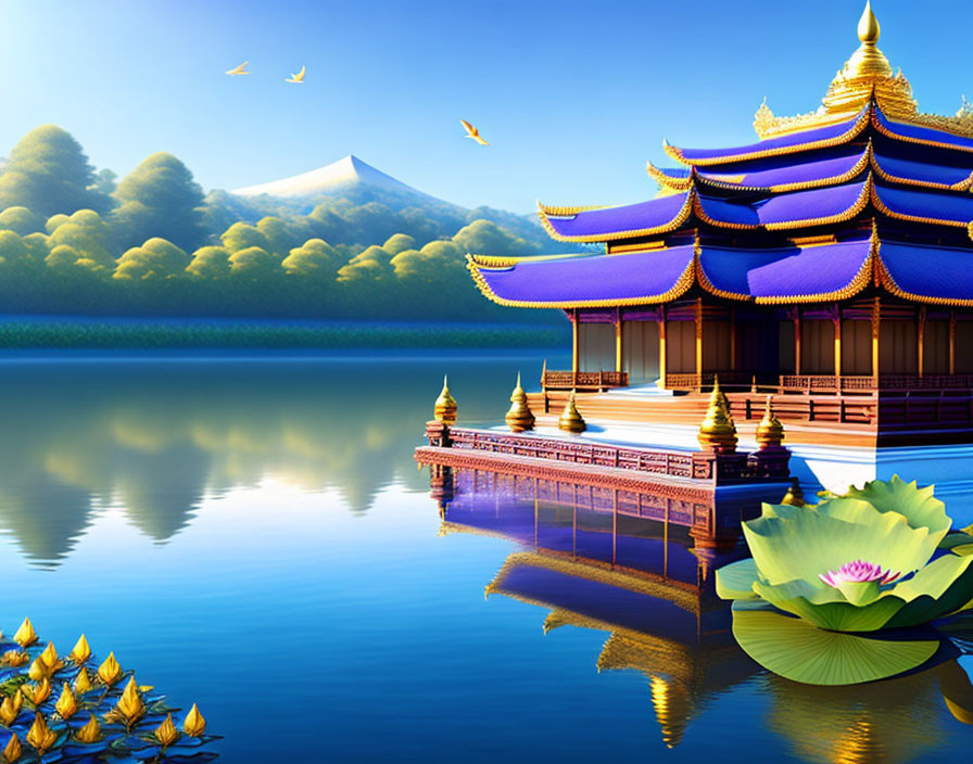 Buddha temple and a lotus flower lake 
