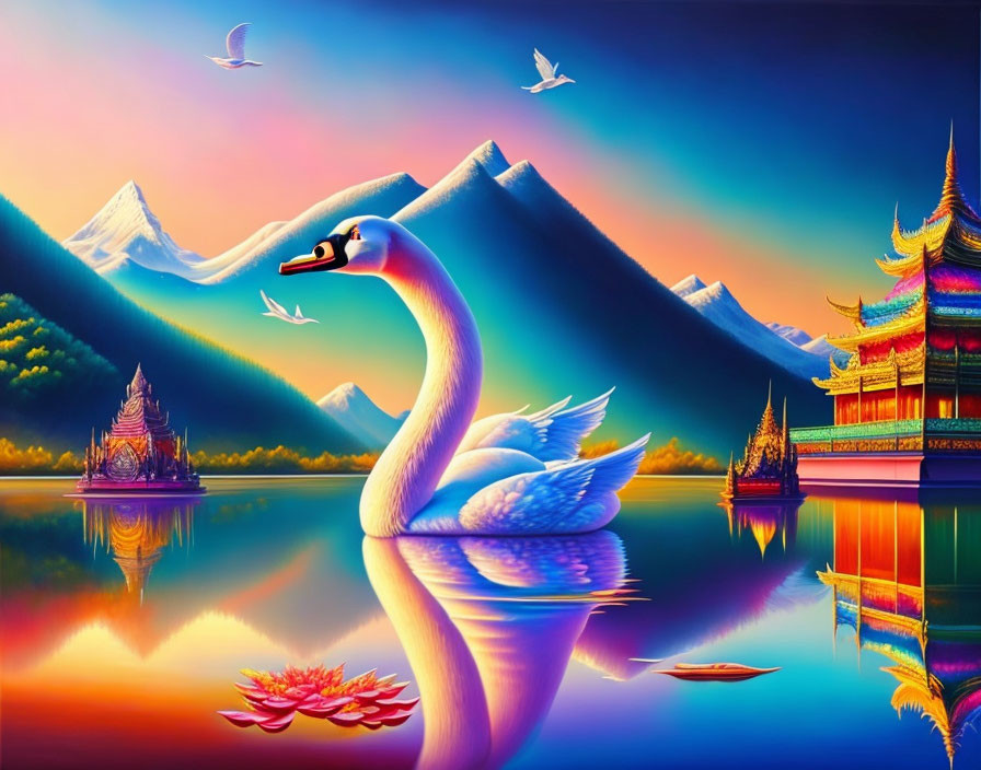 A swan in a lotus flower lake by a temple