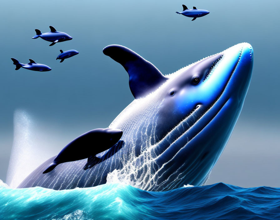 Giant whale breaching ocean with dolphins in digital artwork