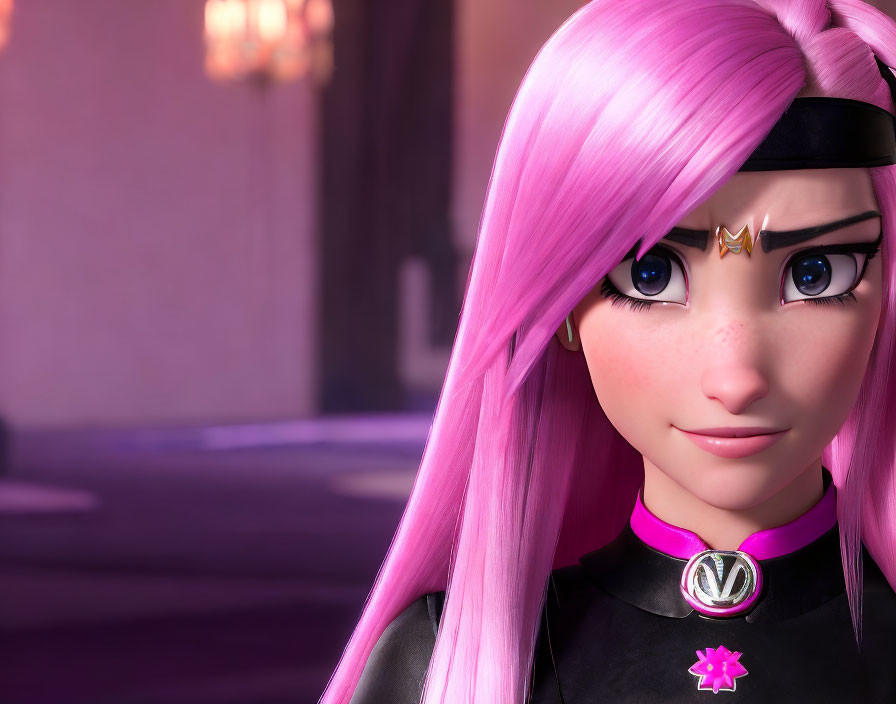 Vibrant animated character with pink hair and blue eyes