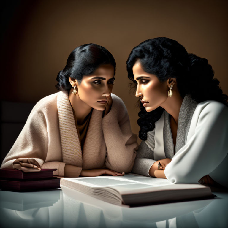 Women in formal attire with elegant hairstyles and makeup discussing over an open book