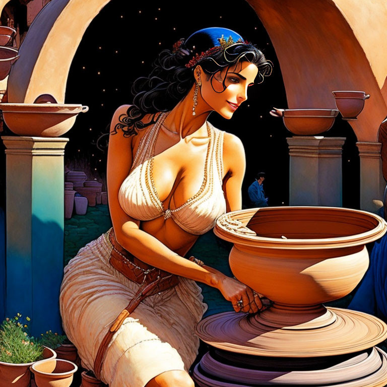 Illustrated woman shaping pottery on wheel under night sky.