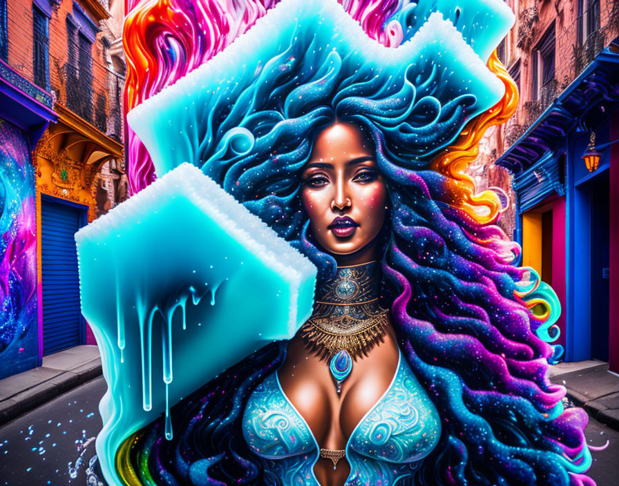 Colorful urban mural: woman with blue hair and jewelry